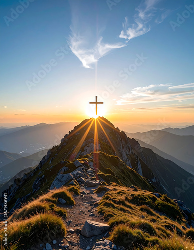 Cross on mountaintop sunrise