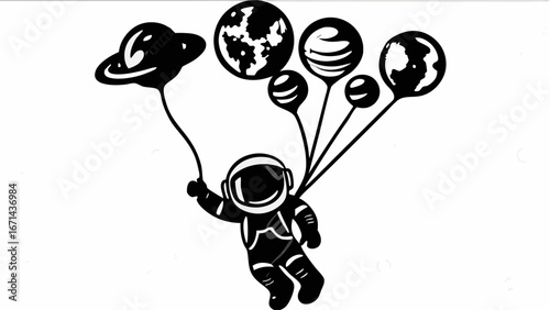 Astronaut floating with planet and ufo balloons in black and white detailed vector illustration silhouette