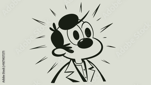 Cartoon character with surprised expression wearing a suit and hat with radiating lines around head silhouette