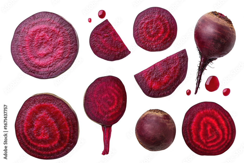 Fototapeta premium Whole and sliced beetroots with juice drops, isolated on transparent background
