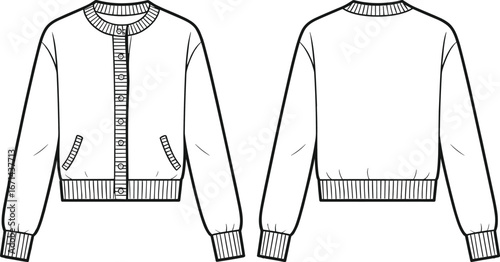Front and back view fashion flat sketch of women cardigan sweater with ribbed cuffs, button closure, pockets, long sleeves design