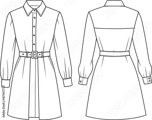 Long sleeve belted shirt dress, pointed collar, button down, pleated skirt, fashion technical drawing, garment construction, sewing pattern, apparel flat sketch, clothing illustration