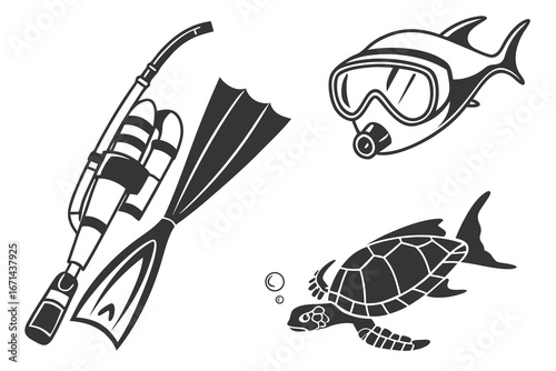 Scuba Diving Gear and Sea Turtle Illustration.