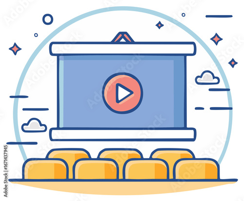 Cartoon Illustration of Video Presentation on a Screen with Seating for an Audience