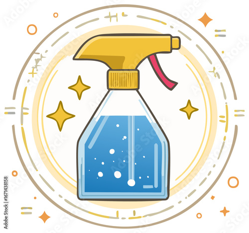 Cleaning bottle with spray trigger icon for house cleaning or sanitation product in outlined illustration with bubbly stars