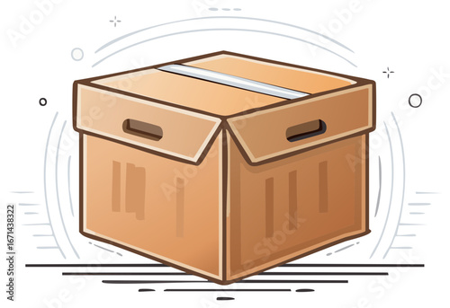 Cartoon brown cardboard shipping box with handles and tape closure illustration with playful decorative elements