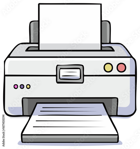 Office printer machine cartoon drawing printing a document with paper in the tray
