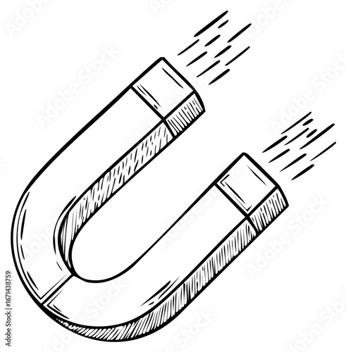 Horseshoe magnet with magnetic field lines drawing vector illustration in black and white