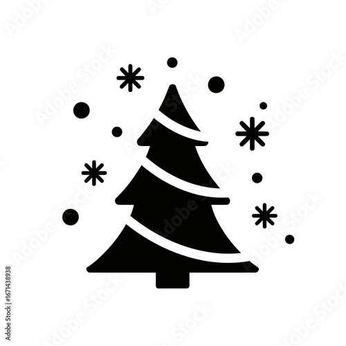 Vector icon of black and white silhouette of a christmas tree with swirling stripes and falling snowflakes