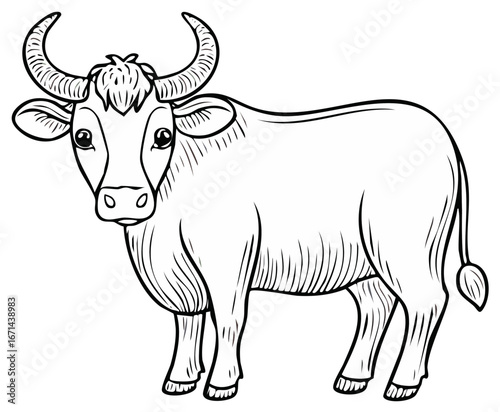 Line drawing of a strong horned ox water buffalo or bull