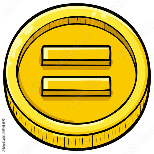 Golden coin with equality symbol simple cartoon drawing