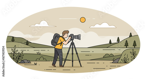 Photographer capturing scenic landscape with camera and tripod outdoors