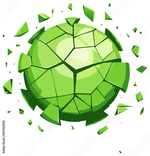 Cracked green sphere with shattered fragments, illustration of explosion, impact, and concept.