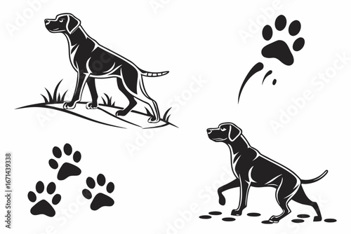 Stylized Black Dog Poses and Paw Prints.