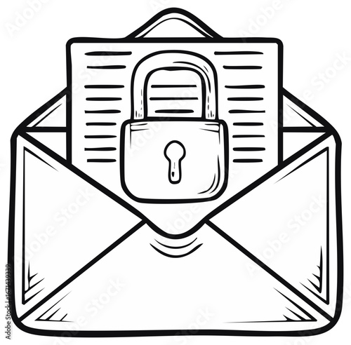 Hand drawn illustration of an open envelope with a locked document inside.