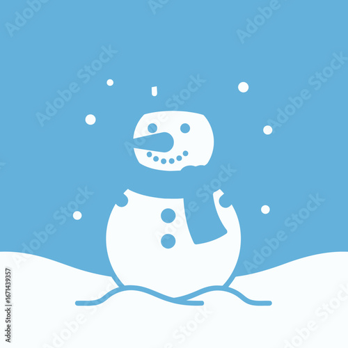 Vector icon of stylized blue and white illustration of a friendly snowman with a carrot nose and scarf, standing in a snowy landscape with falling snowflakes