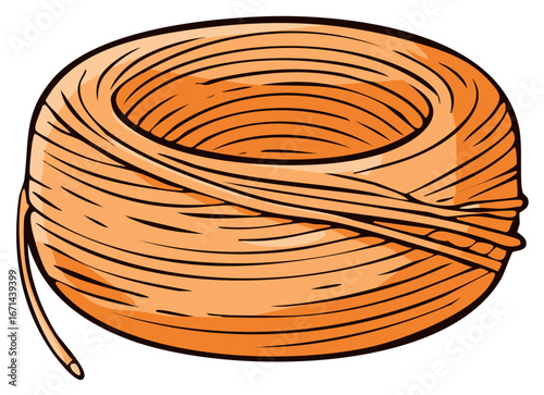 Orange coiled rope or strong string neatly wound in a circular bundle vector graphic isolated element