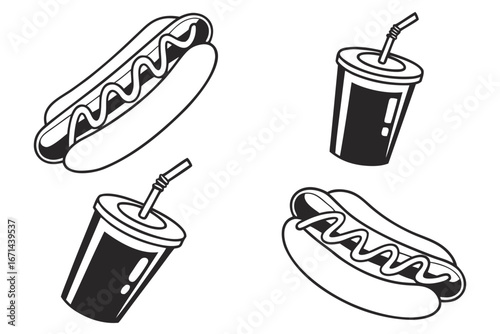 Stylized Hot Dogs and Drinks Vector Icons.