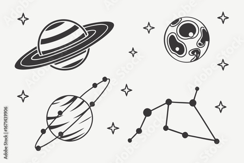 Stylized Planets and Constellation in Space.