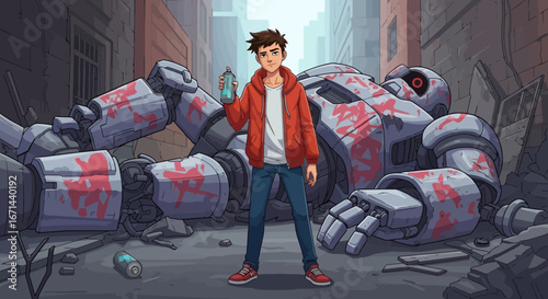 Young rebel artist proudly holds spray can next to defeated giant robot in urban wasteland