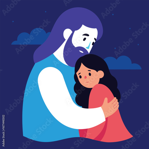 Jesus calming a frightened child during storm compassion spiritual artwork vector illustration