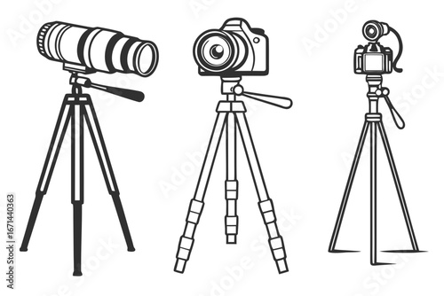Three Cameras on Tripods Photography Equipment.