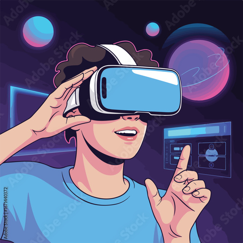 A man wearing a virtual reality headset and interacting with digital content