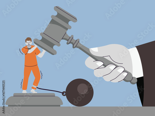 Heavy hand of the law giant judge’s gavel presses down on a prisoner in orange with ball and chain, concept of harsh sentencing and punishment.