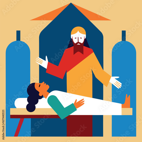 Jesus healing a paralyzed man lowered through roof biblical miracle vector illustration