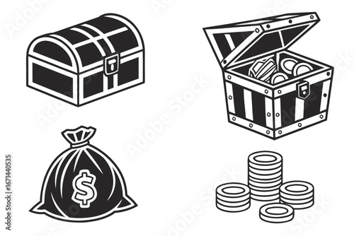 Treasure Chest Money Bag and Coin Stack Icons.