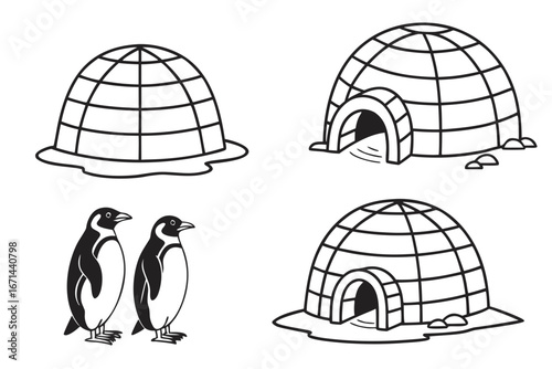 Two Penguins Near Igloos in Winter Scene.