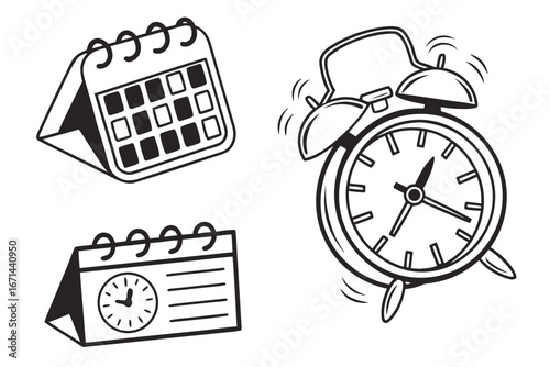 Vintage Alarm Clock and Desk Calendars.