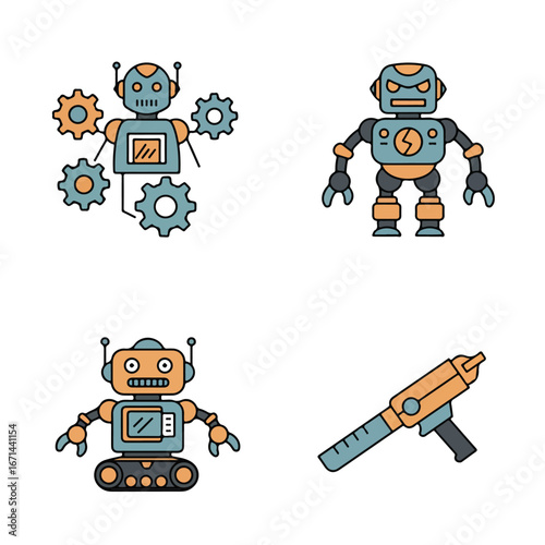 Robots Four cartoon, line-art images of robots, and robot making/fixing tool
