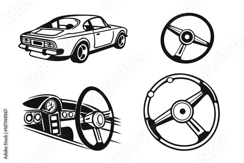 Vintage Car and Steering Wheel Illustrations.