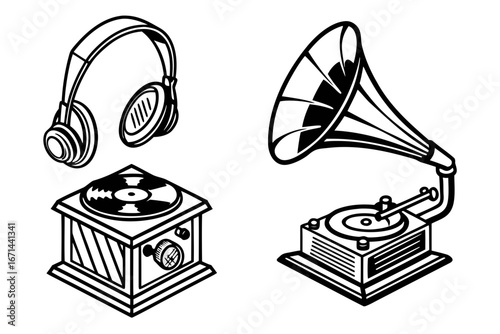 Vintage Headphones and Gramophone Collection.