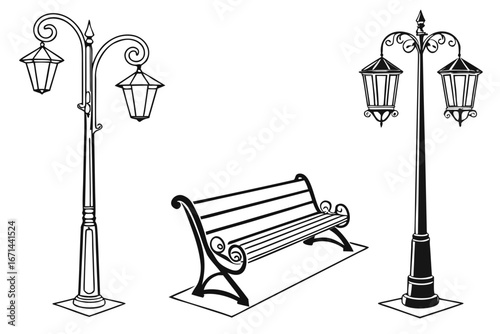 Vintage Street Lamps and Park Bench Illustration.