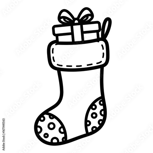 Vector icon of christmas stocking with a gift and bow, black and white outline drawing