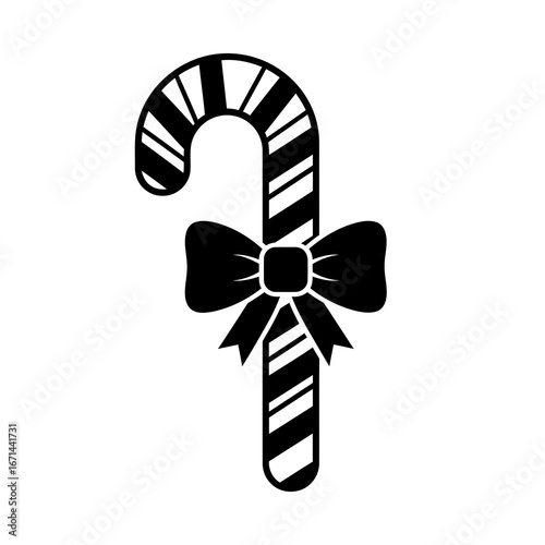 Vector icon of black and white illustration of a candy cane with a bow