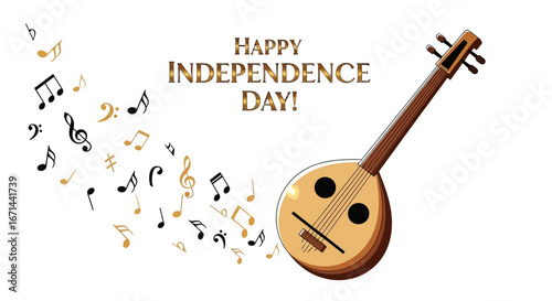 An illustration of a stringed instrument with musical notes flowing from it, celebrating Independence Day with festive typography.