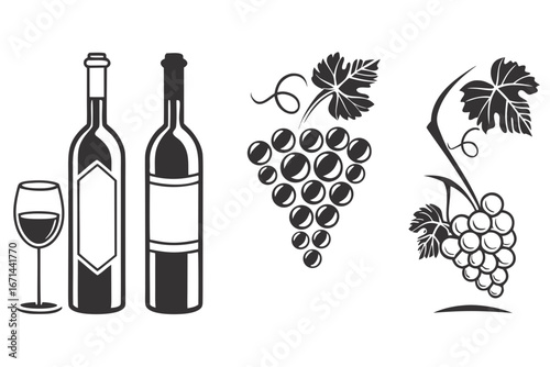 Wine Bottles Glass and Grapes Icons.