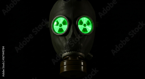 Close-up of a gas mask with glowing green radiation symbols, set against a black background.