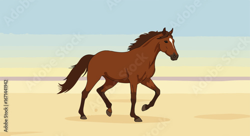 Trotting horse on beige terrain