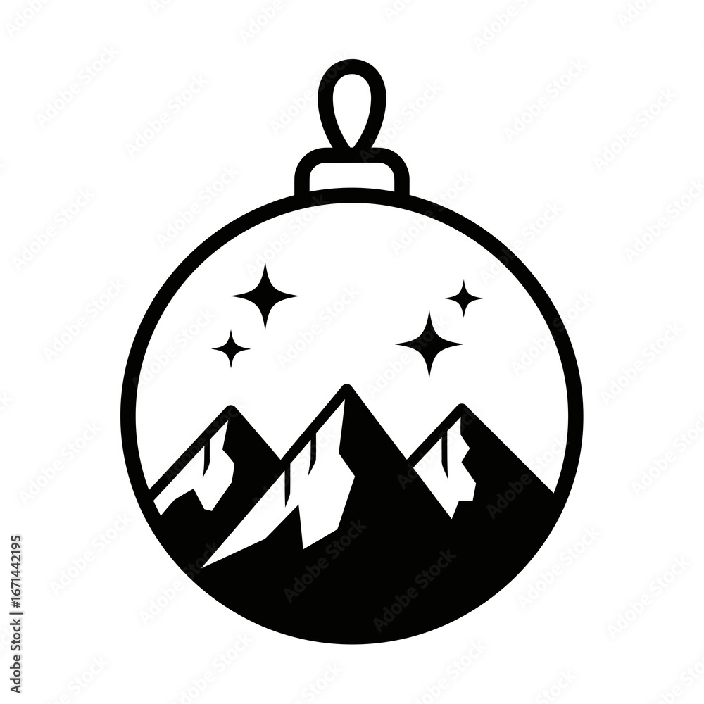 Obraz premium Vector icon of black and white illustration of a christmas ornament containing a mountain landscape with stars