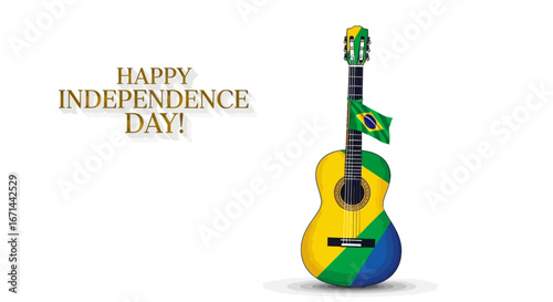 Illustration of a guitar painted with the colors of the Brazilian flag, celebrating Independence Day with golden text.