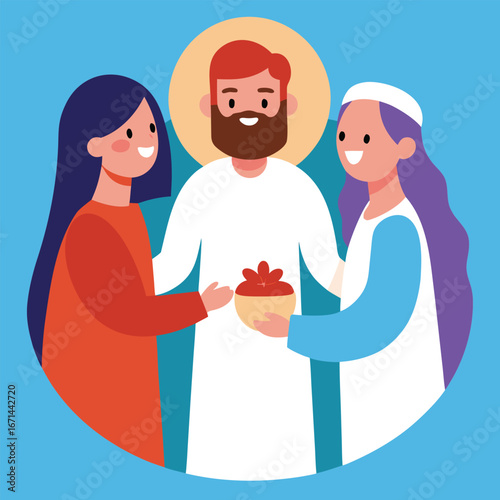 Jesus blessing a newly married couple spiritual wedding Christian holy artwork vector illustration