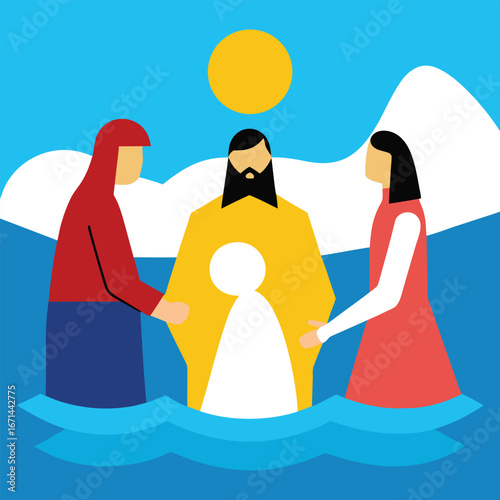 Jesus baptizing people in the river biblical Christian religious ceremony vector illustration