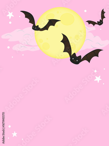 Digital vector illustration of bats flying across a full moon in a whimsical night sky. The scene features a pink background with stars and clouds, creating a playful nocturnal ambiance.