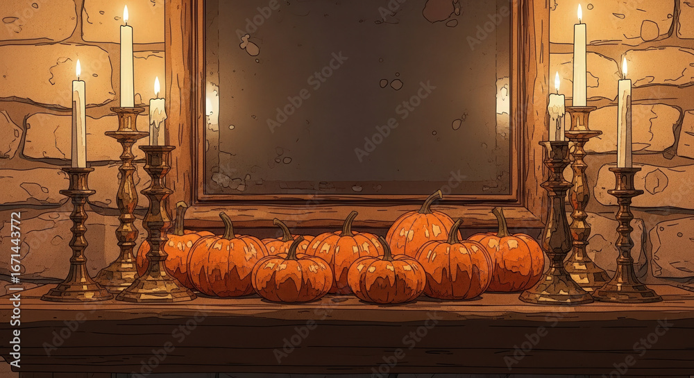 Obraz premium Decorative pumpkins with candles on mantelpiece under mirror, warm autumn atmosphere, festive decor concept 