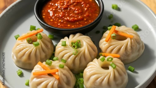 Delicious momos served with spicy chutney, garnished with fresh vegetables.