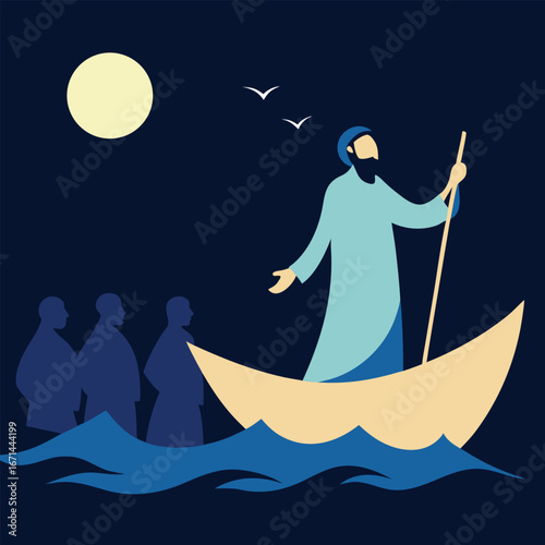 Jesus walking on water towards disciples biblical miracle Christian faith vector illustration